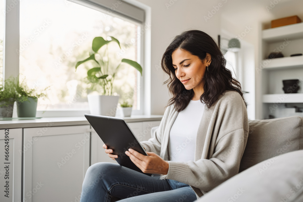 Happy hispanic woman using tablet on white wall in smart home. Modern home innovation and technology. Using a mobile tablet to control smart home. Happy hispanic woman using tablet on white wall in smart home. Modern home innovation and technology. Using a mobile tablet to control smart home.