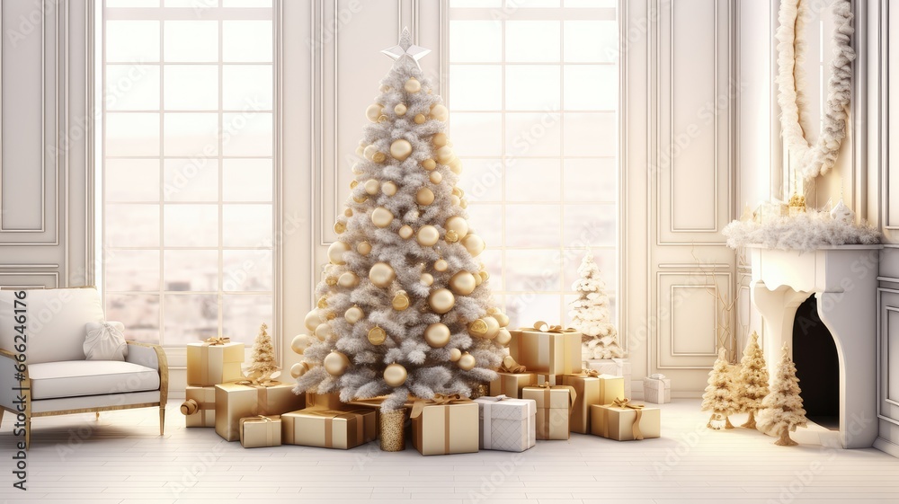 an elegant and cozy white Christmas background with beautifully wrapped gifts and a decorated tree in a home setting.