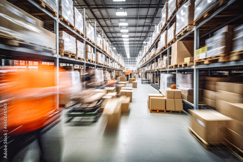 Blurred photo of warehouse employees in action moving boxes in storage. Workers in big warehouse in Orange vests and helmets moving cardboard boxes. Blurred photo of warehouse employees in action moving boxes in storage. Workers in big warehouse in Orange vests and helmets moving cardboard boxes.