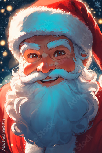 Portrait of senior man in santa claus costume over christmas lights background.
