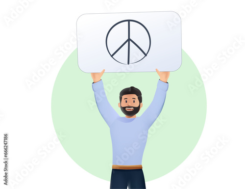 3D man Person standing and holding Placard or Banner. Humanism, protest, demonstration, revolution, no war, peace