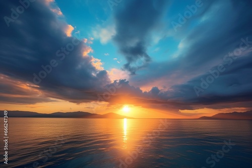 Blue sunset over the horizon. Generative AI © Darian