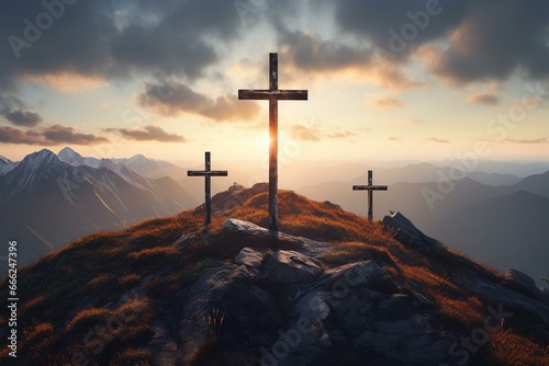 Three crosses on mountaintop with sunlight. Generative AI