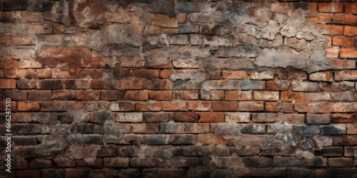Old Brick Wall Texture Close-up  A photograph capturing the grungy and textured surface of an old brick wall.