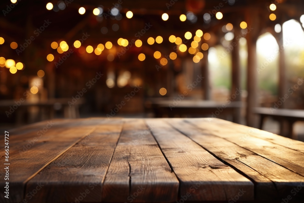 Obraz premium A classic wooden table placed within a rustic barn, with the barn's interior softly blurred in the backdrop, imparting a classic and cozy rural atmosphere.