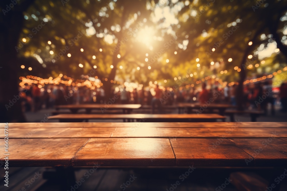 A vibrant bohemian-style wooden table situated within a lively music festival, with the energetic crowd of festival-goers and the vibrant stage lights forming an electric ambiance