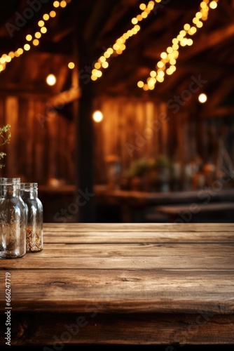 Vintage Wooden Table in a Blurred Barn: A vintage wooden table placed inside a rustic barn, with the barn's interior softly blurred in the background, exuding a welcoming and rural feel