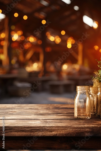 Vintage Wooden Table in a Blurred Barn: A vintage wooden table placed inside a rustic barn, with the barn's interior softly blurred in the background, exuding a welcoming and rural feel