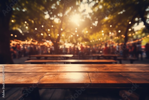 A vibrant bohemian-style wooden table situated within a lively music festival, with the energetic crowd of festival-goers and the vibrant stage lights forming an electric ambiance
