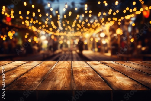 A vibrant bohemian-style wooden table situated within a lively music festival  with the energetic crowd of festival-goers and the vibrant stage lights forming an electric ambiance