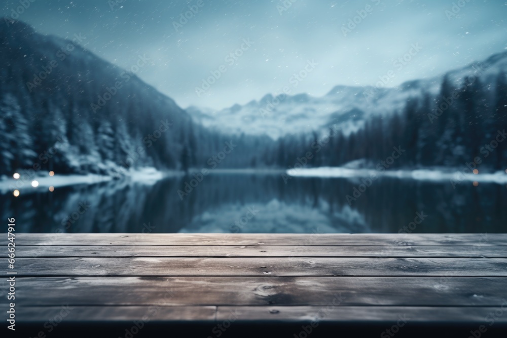 A tranquil dark wood table placed beside a frozen, icy lake within the snow-covered forest, offering a serene view of the winter wonderland landscape. A tranquil dark wood table placed beside a frozen, icy lake within the snow-covered forest, offering a serene view of the winter wonderland landscape.