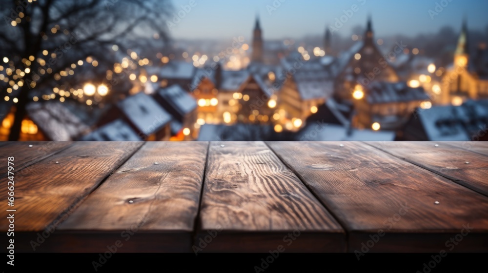 A dark wood table placed by a window, providing a serene view of snow-covered rooftops and a picturesque snow-covered forest, enhanced by the twinkle of holiday lights.