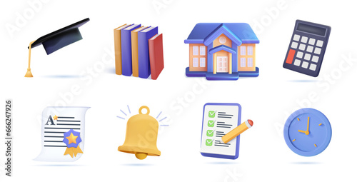 Education icons set of 3D UI elements. School, calculator, student hat, diploma, educational test. Study, Learning