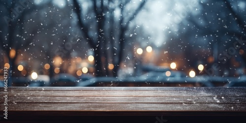 A dark wood table placed near a frosty window, offering a cozy ambiance as snow gently falls outside