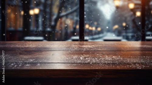 A dark wood table placed by a frosty windowpane, creating a cozy atmosphere as you watch snowfall outside in the midst of a snow-covered forest and an icy lake.