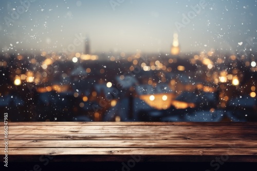 A dark wood table by a window, framing a winter scene with snow-covered rooftops, a tranquil forest, and holiday lights that twinkle in the serene landscape.