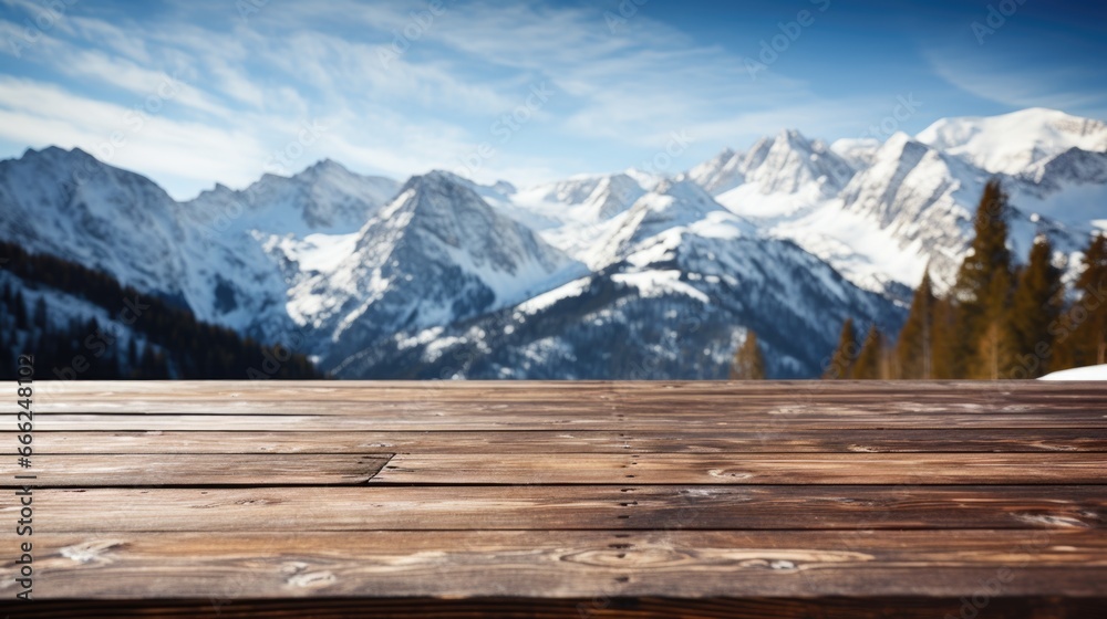A dark wood table on a mountain cabin deck, offering breathtaking vistas of a snow-covered forest, icy lake, and snow-clad peaks. A dark wood table on a mountain cabin deck, offering breathtaking vistas of a snow-covered forest, icy lake, and snow-clad peaks.
