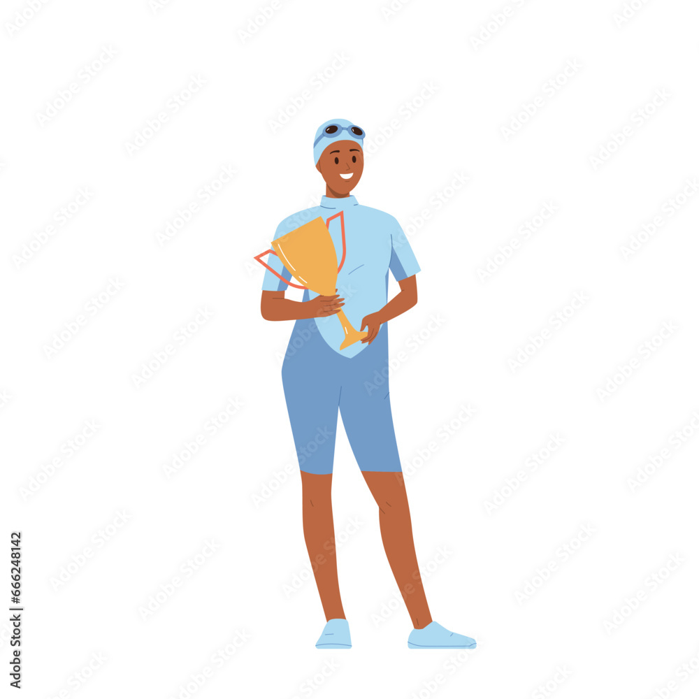 Happy smiling young woman sports swimmer athlete cartoon character with trophy cup reward