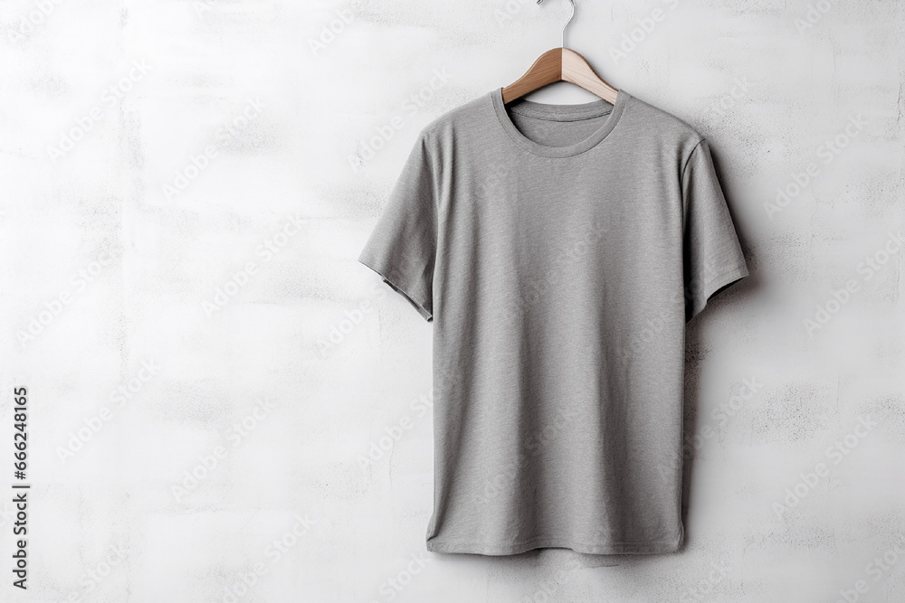 Grey t-shirt on a wooden hanger on a gray background Grey t-shirt on a wooden hanger on a gray background