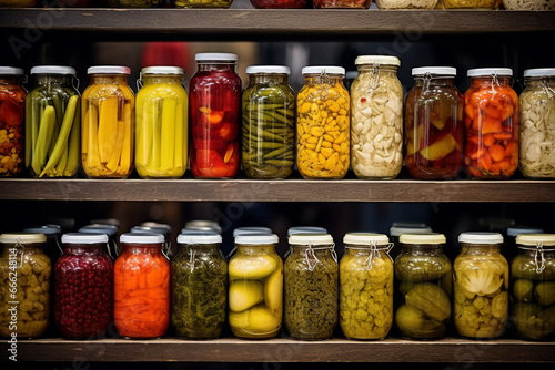 Glass jars with variety of pickled vegetables and fruits in the kitchen