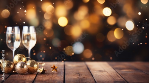 An elegant New Year s or Christmas party is set around a dark wood table  with guests and sparkling decorations adding to the festive winter ambiance.