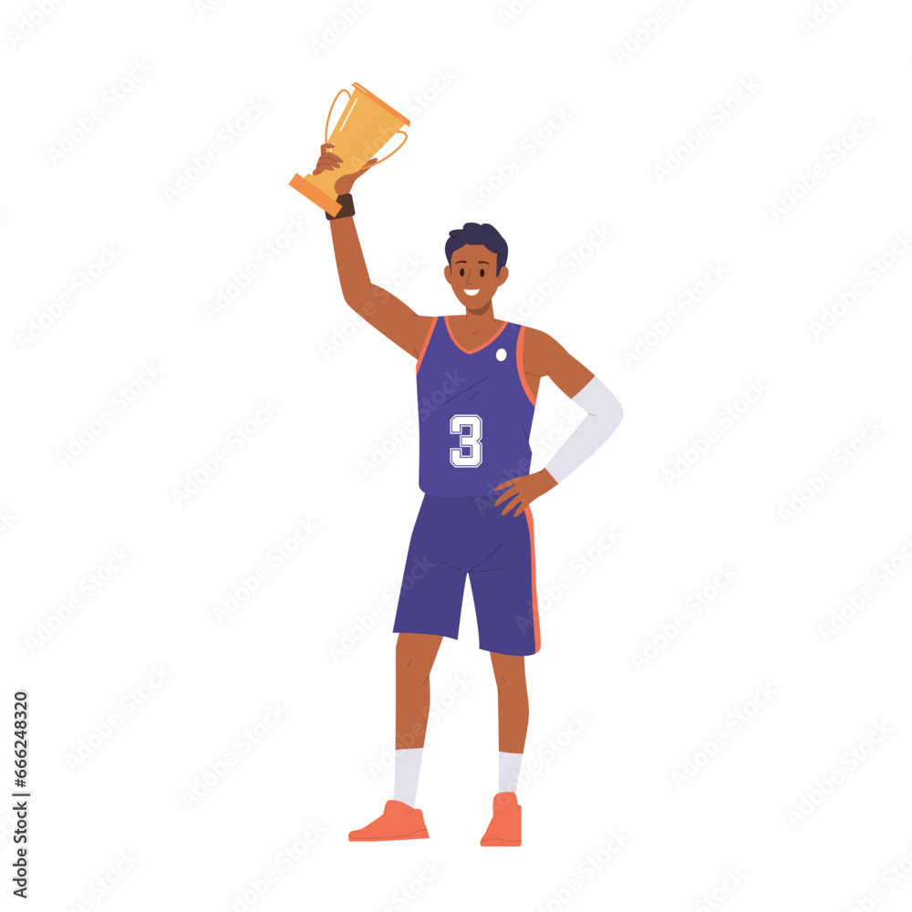 Sportsman basketball player cartoon winner character raising golden cup trophy reward over head