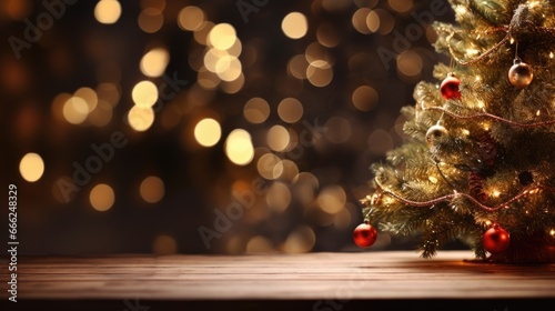 A festive dark wood table placed beside a beautifully adorned Christmas tree  aglow with twinkling lights and ornaments.