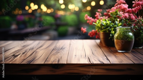 An empty dark wood countertop  slightly blurred  offering a view of a lush garden covered in a blanket of snow.