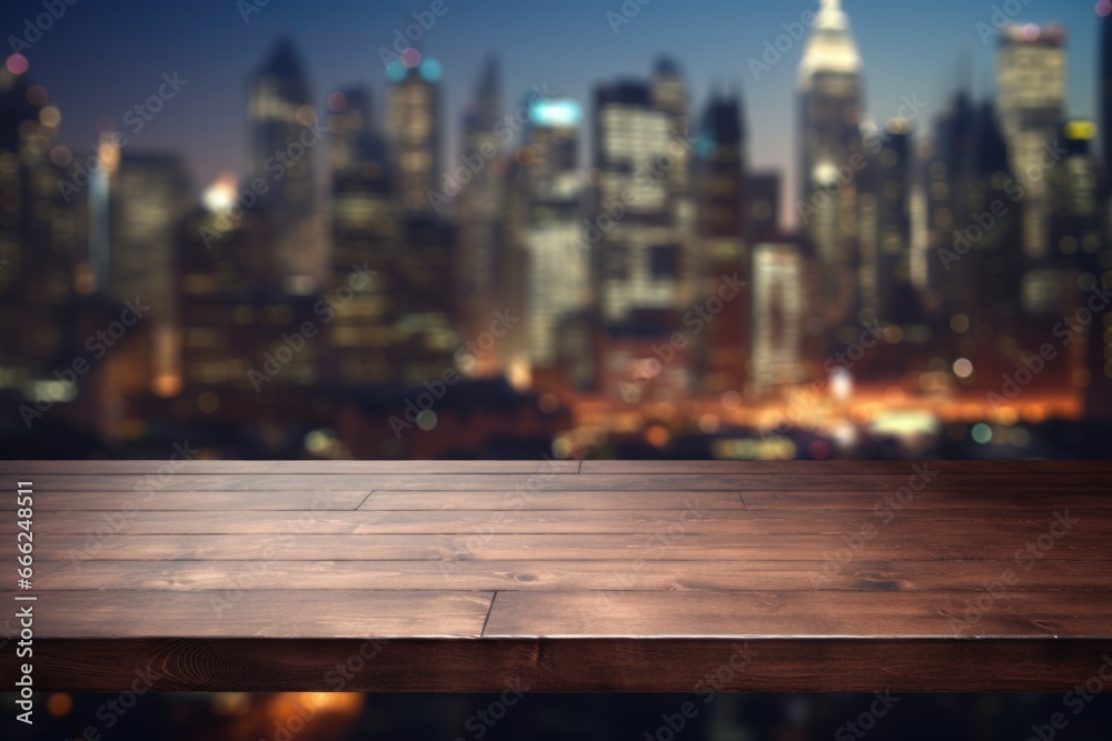 A muted dark wood countertop gently dissolving into a blurred cityscape of towering skyscrapers and luminous city lights. A muted dark wood countertop gently dissolving into a blurred cityscape of towering skyscrapers and luminous city lights.