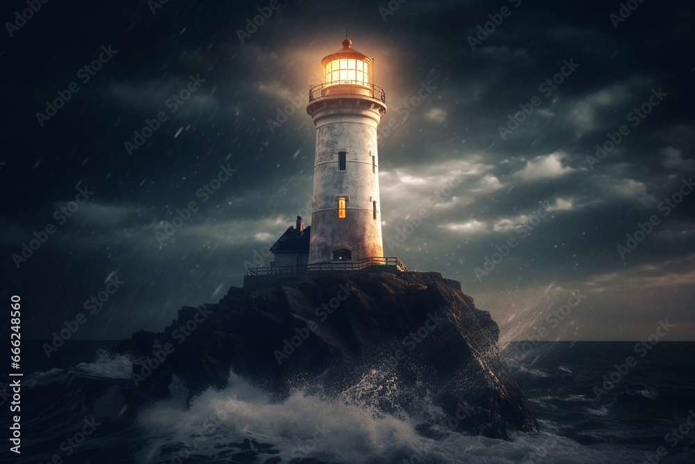 Lighthouse in the sea at night. Elements of this image furnished by NASA