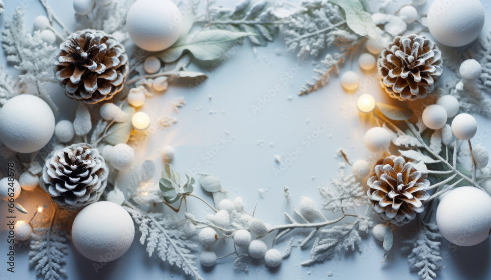 Winter beautiful frame adorned with pinecones,winter berries, eucalyptus leaves, and delicate snowflakes Winter beautiful frame adorned with pinecones,winter berries, eucalyptus leaves, and delicate snowflakes