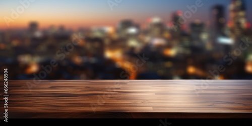 A soft-focus dark wood countertop meeting a hazy cityscape of skyscrapers and city lights, seamlessly merging into the background.