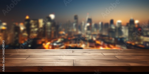 A subtly toned dark wood countertop seamlessly merging with a cityscape of skyscrapers and urban lights in the background.