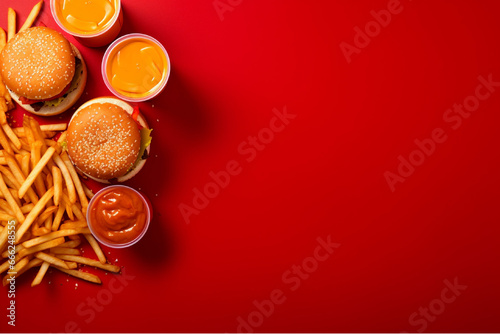 Homemade hamburger with fresh vegetables and french fries on dark background