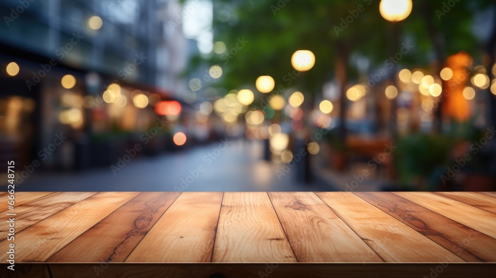 A chic wood countertop gracefully poised against a softly focused urban street scene, blending seamlessly into the soft blur of the background.