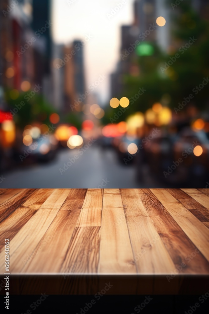A chic wood countertop in front of a gently blurred urban street scene, seamlessly melding with the soft focus of the surroundings