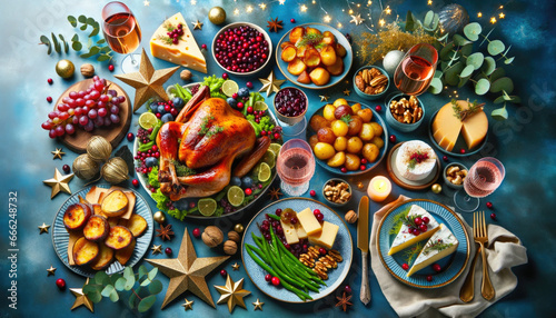 Festive feast  roast turkey  vegetables dishes cheese board and sauces.Concept of Christmas or New Year dinner.