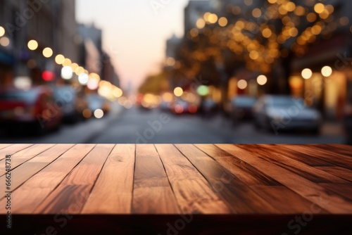 A chic wood countertop harmoniously merging with the softly focused urban street scene, creating a tranquil backdrop.