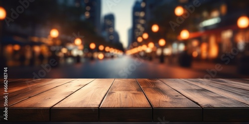 A chic wood countertop harmoniously merging with the softly focused urban street scene, creating a tranquil backdrop.