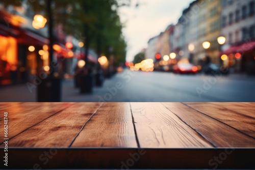 A wood countertop of sophistication against the softly focused backdrop of an urban street scene, subtly transitioning into the blurred environment.