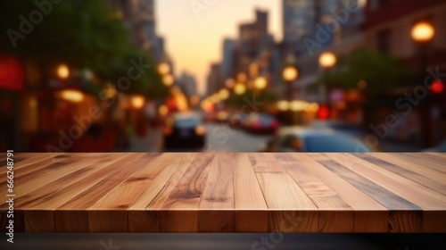 City Elegance: A chic wood countertop with a smooth transition into the softly focused urban street scene, setting the stage for a refined ambiance.