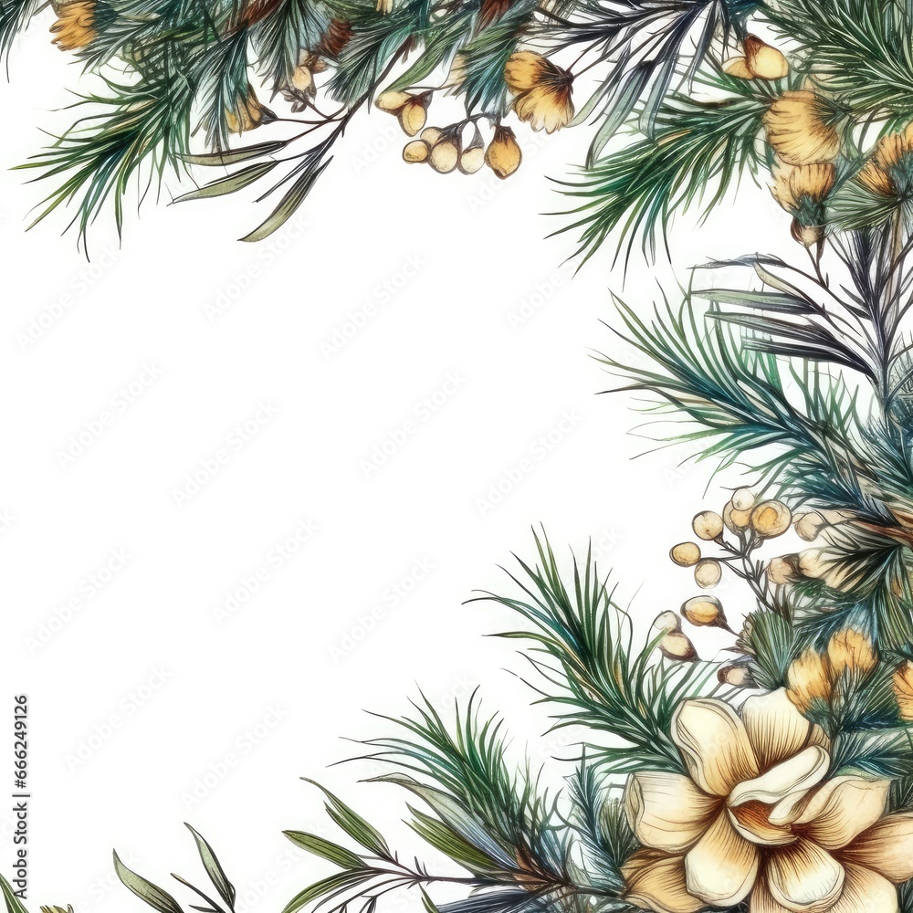 pine needles Floral frame greeting card scrapbooking watercolor gentle illustration border wedding