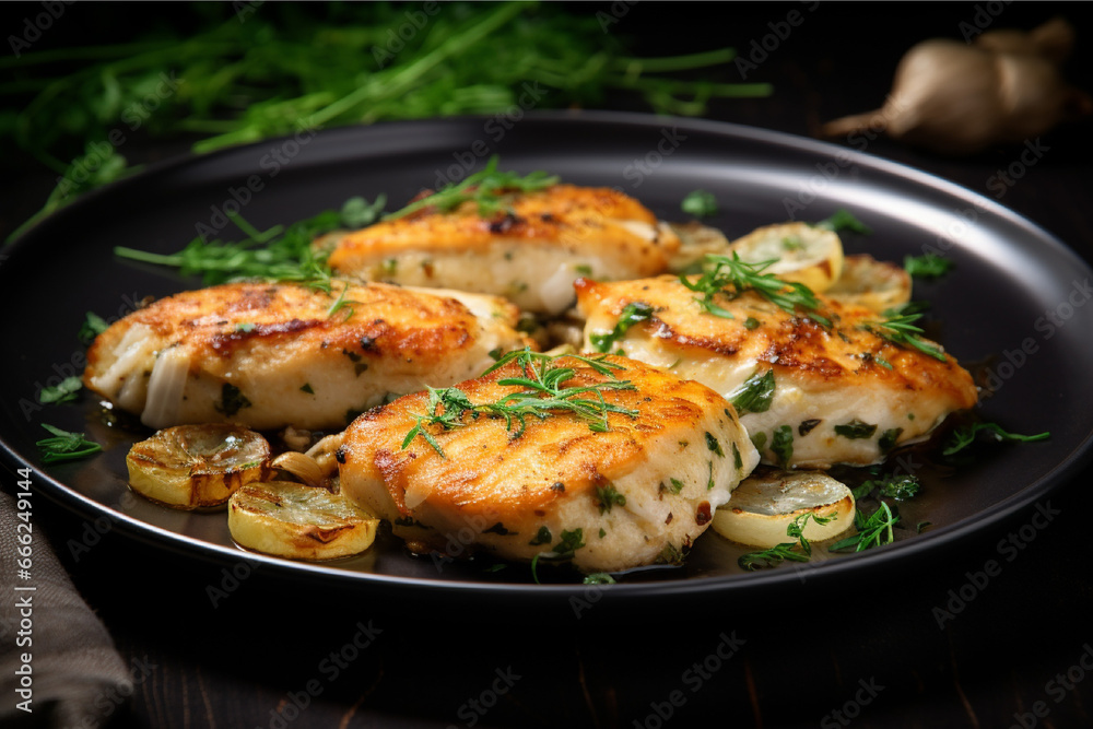 Grilled chicken fillet with onion and parsley on black plate Grilled chicken fillet with onion and parsley on black plate
