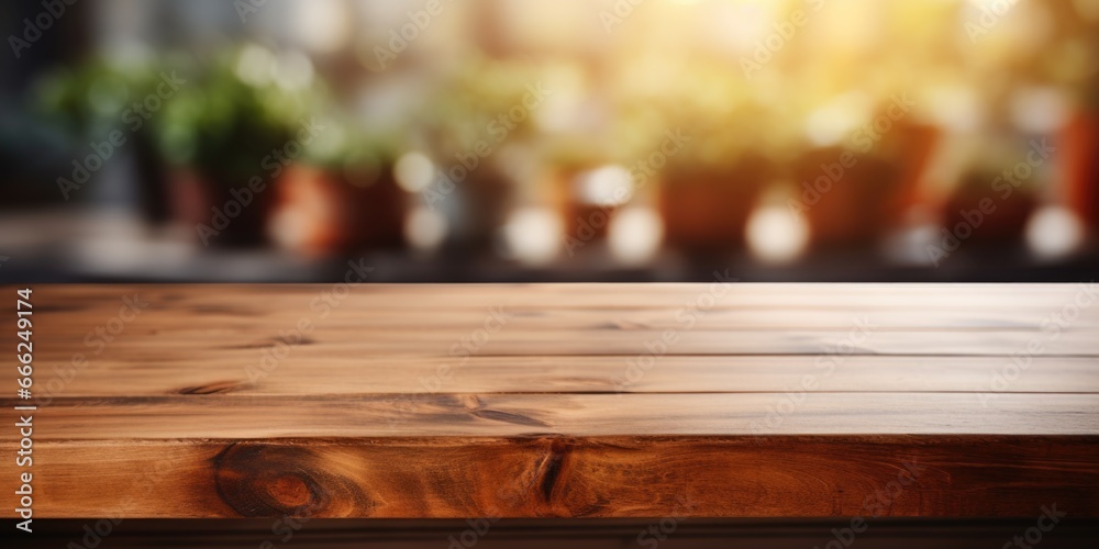 A polished wooden counter with a gentle countryside blur, creating a serene and inviting atmosphere. A polished wooden counter with a gentle countryside blur, creating a serene and inviting atmosphere.