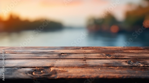 A dark wood tabletop with a seamless transition into the softly blurred coastal pier scenery, crafting a serene and peaceful ambiance.