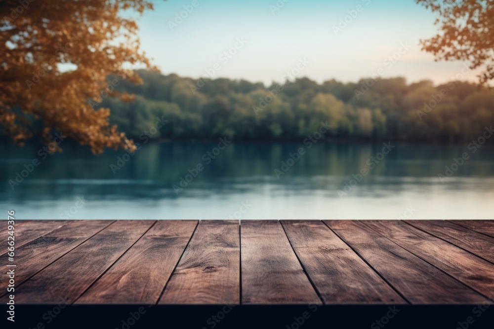 A dark wood tabletop exuding timeless charm, harmoniously transitioning into the serene lakeside scene, providing a serene visual experience.