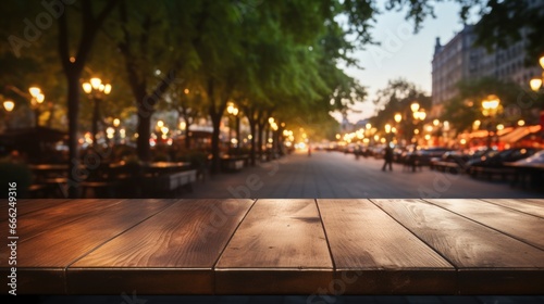 A rustic dark wood countertop setting the stage for a bustling city park  resulting in a peaceful and inviting atmosphere.