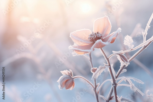 Frozen icy flowers in winter. Winter scene. Generative AI
