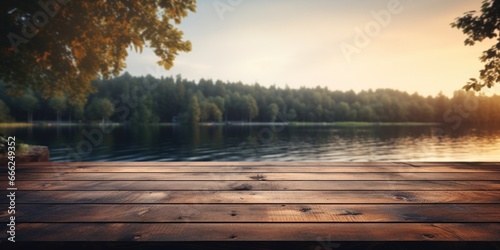 A dark wood tabletop with a touch of serenity, gracefully merging with the hazy, serene lakeside scene, offering a tranquil blend with the softly blurred backdrop.