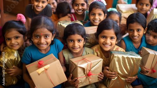 Kids from the orphanage or from low-income families in poor countries enjoy gifts for christmas. Smiling happy children with presents